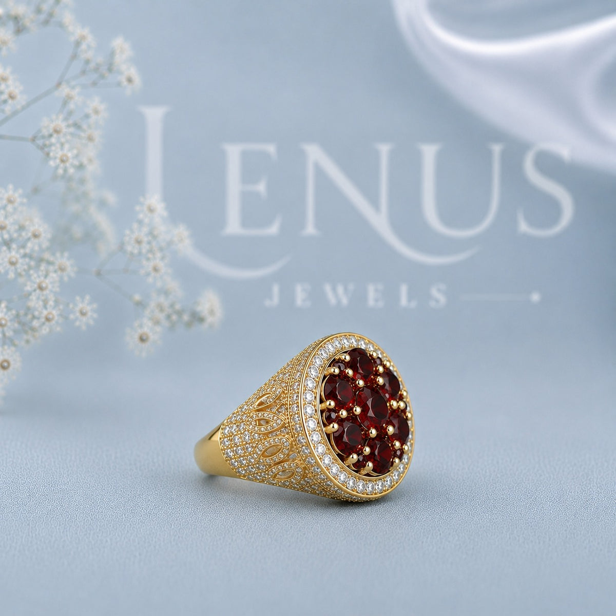 Red Moissanite Cluster Ring – 925 Sterling Silver Yellow Gold Iced Out Statement Ring