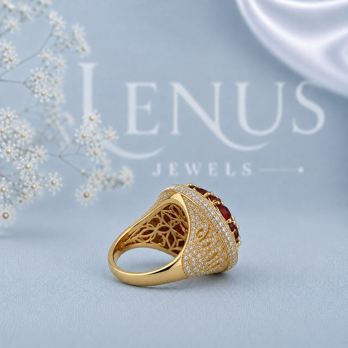 Red Moissanite Cluster Ring – 925 Sterling Silver Yellow Gold Iced Out Statement Ring