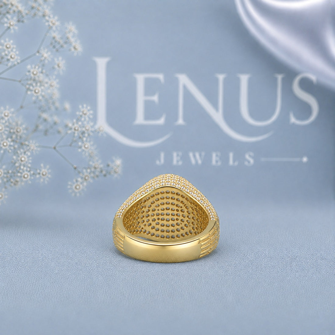 Men’s Iced Out Moissanite Signet Ring – 925 Sterling Silver Yellow Gold Pavé Statement Ring