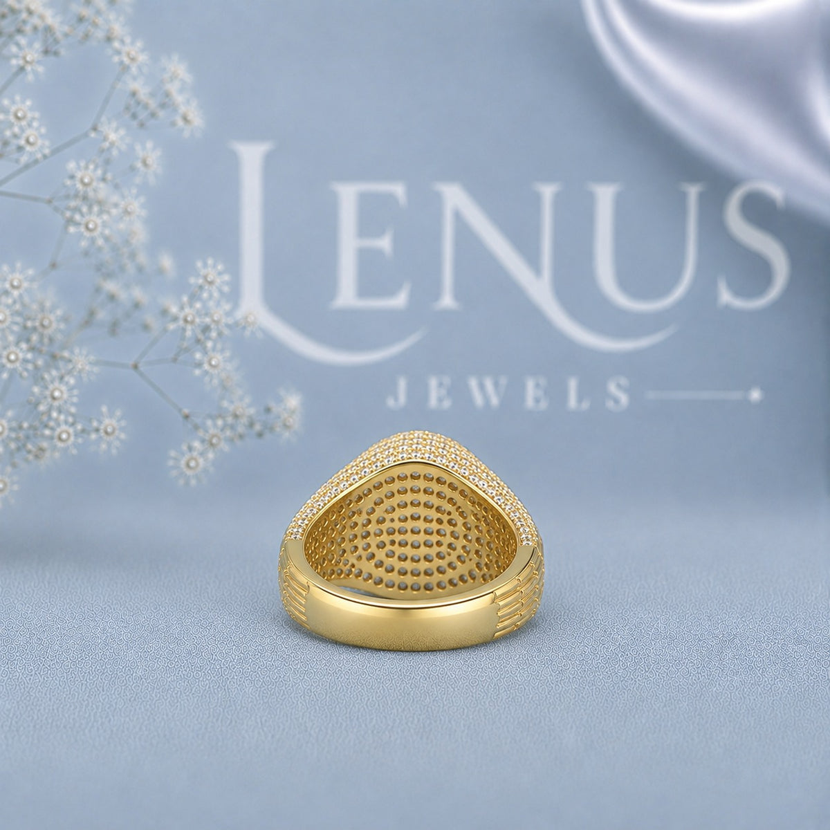 Men’s Iced Out Moissanite Signet Ring – 925 Sterling Silver Yellow Gold Pavé Statement Ring