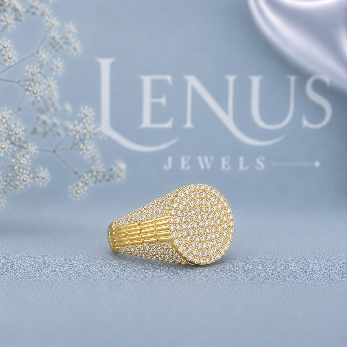 Men’s Iced Out Moissanite Signet Ring – 925 Sterling Silver Yellow Gold Pavé Statement Ring