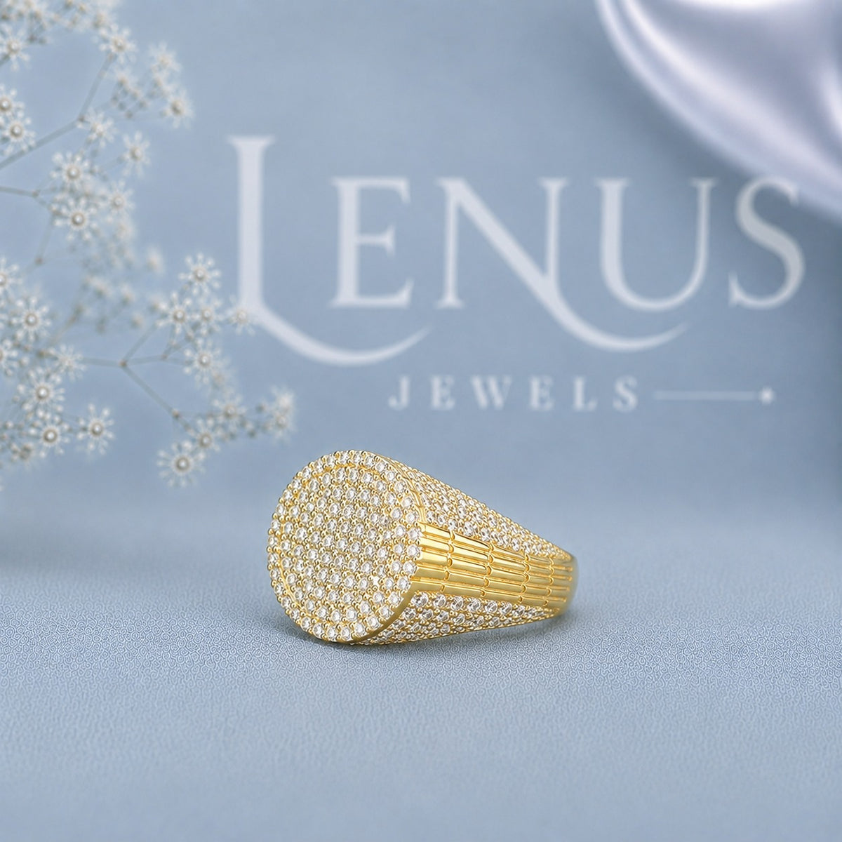 Men’s Iced Out Moissanite Signet Ring – 925 Sterling Silver Yellow Gold Pavé Statement Ring