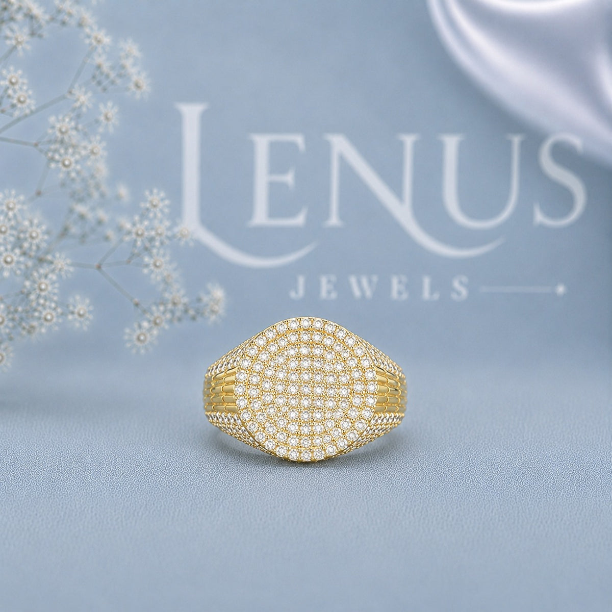 Men’s Iced Out Moissanite Signet Ring – 925 Sterling Silver Yellow Gold Pavé Statement Ring