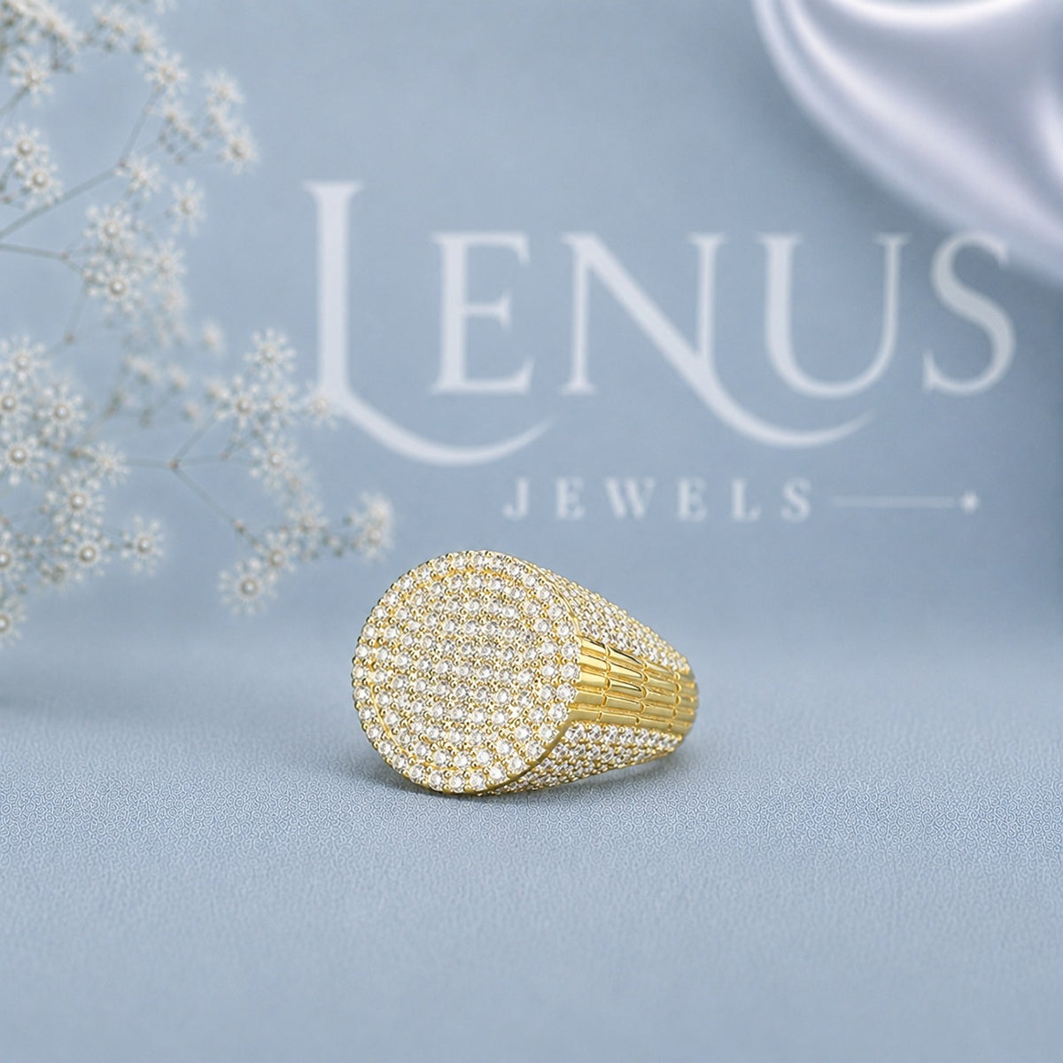 Men’s Iced Out Moissanite Signet Ring – 925 Sterling Silver Yellow Gold Pavé Statement Ring