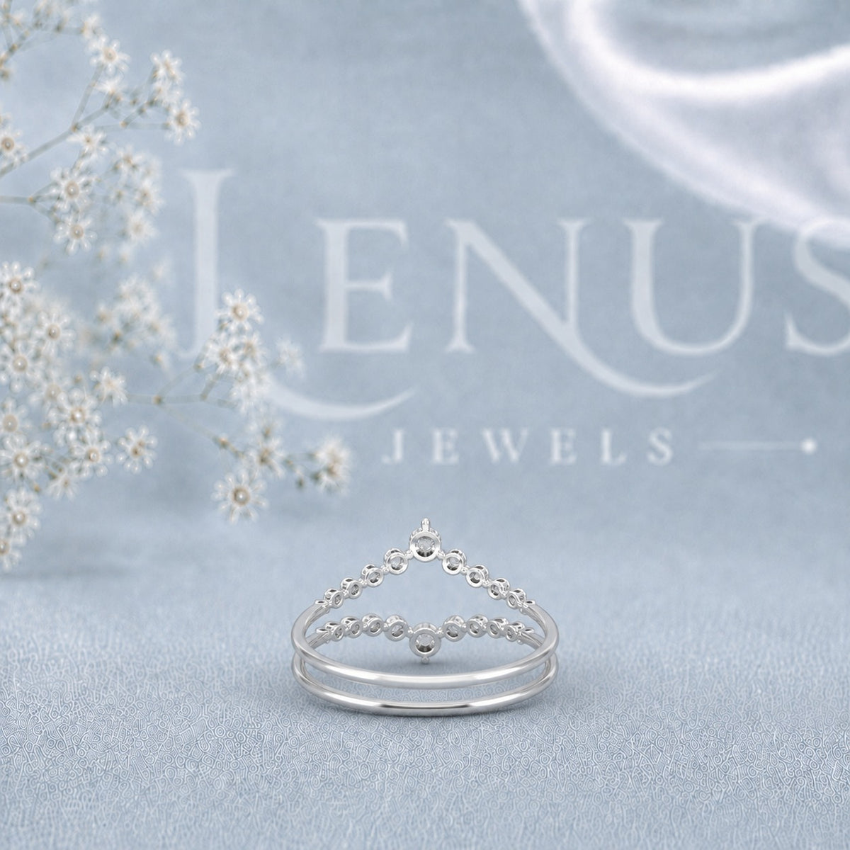 Curved V Moissanite Wedding Band – Round Brilliant Chevron Ring Guard