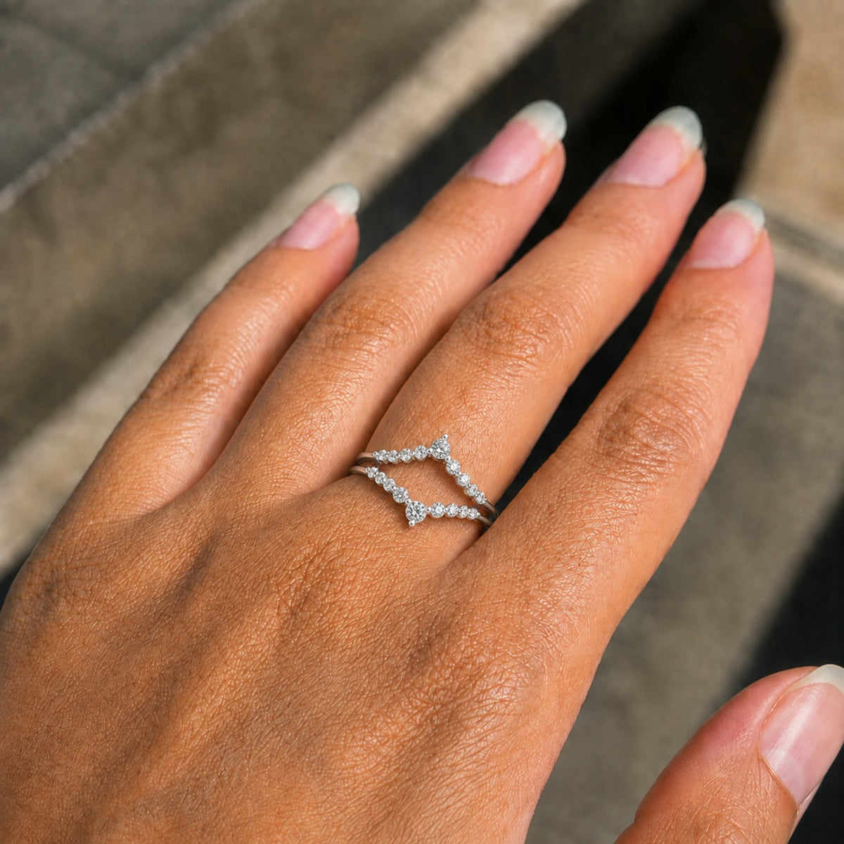 Curved V Moissanite Wedding Band – Round Brilliant Chevron Ring Guard