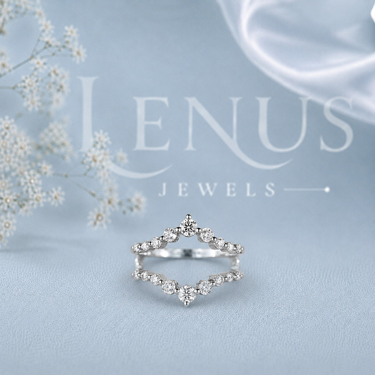Curved V Moissanite Wedding Band – Round Brilliant Chevron Ring Guard