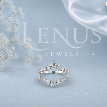 Curved V Moissanite Wedding Band – Round Brilliant Chevron Ring Guard