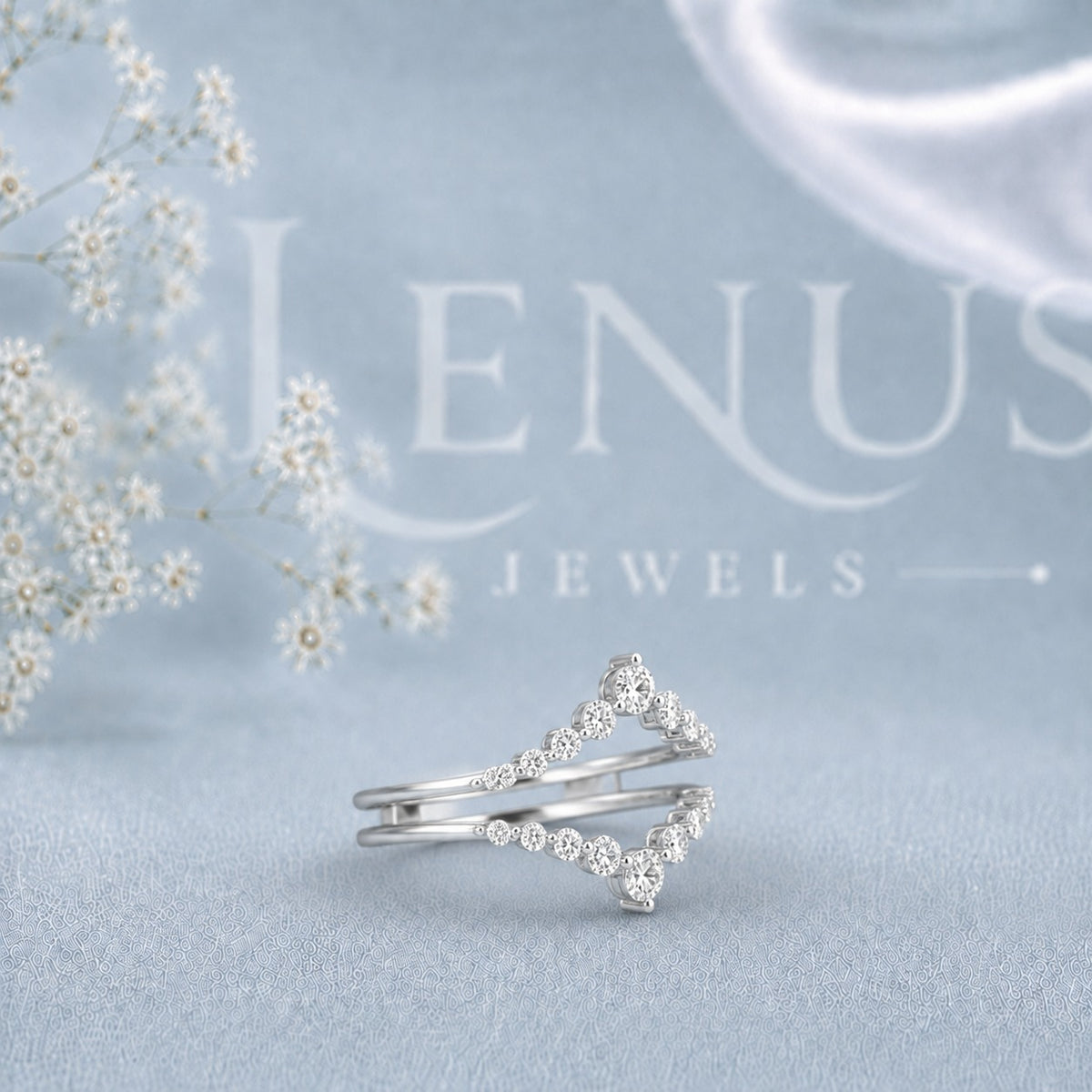 Curved V Moissanite Wedding Band – Round Brilliant Chevron Ring Guard