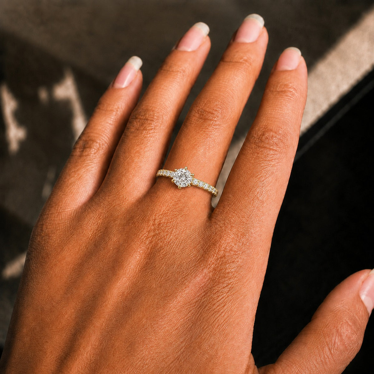 Yellow Gold Round Moissanite Engagement Ring – Double-Row Pavé Solitaire in 925 Sterling Silver