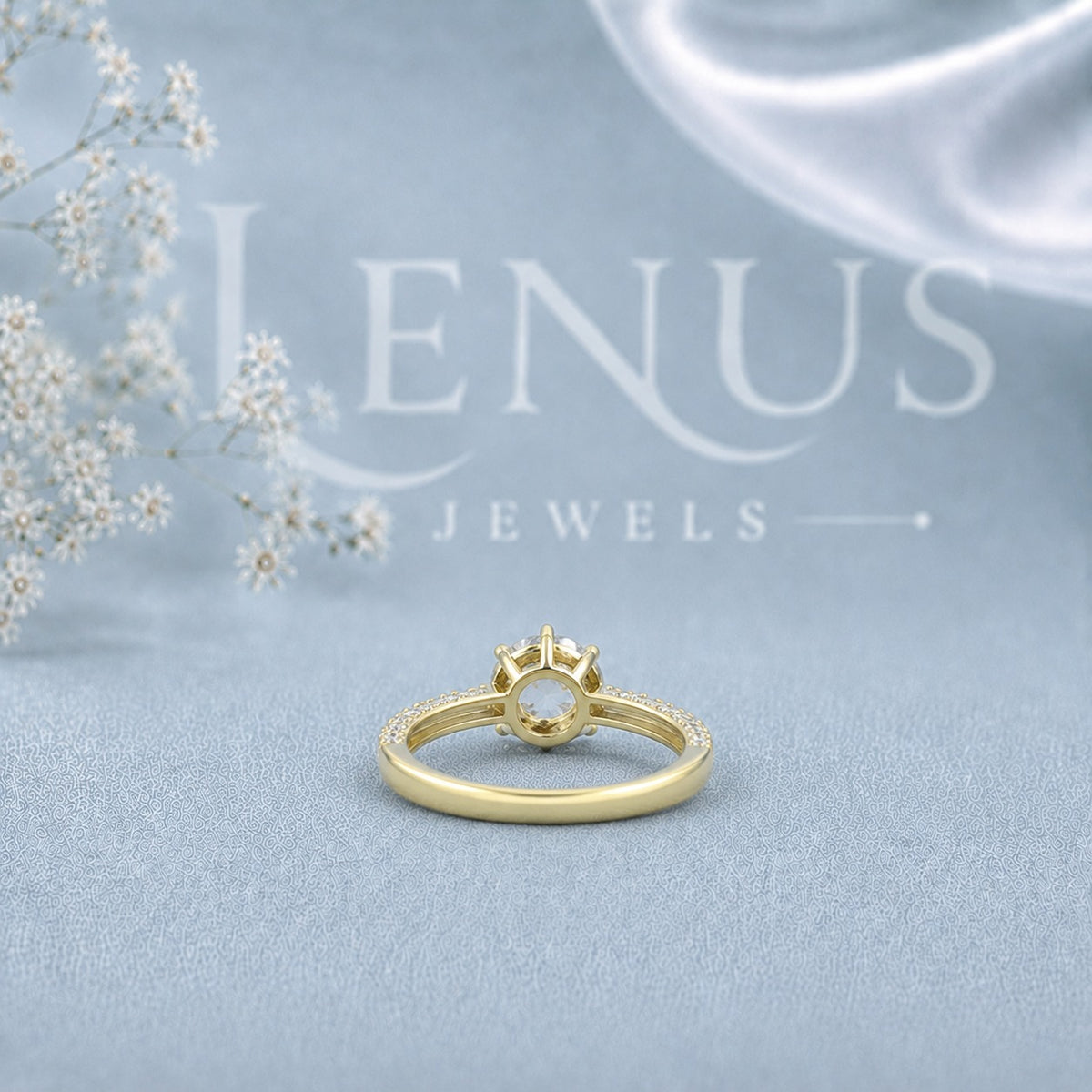 Yellow Gold Round Moissanite Engagement Ring – Double-Row Pavé Solitaire in 925 Sterling Silver