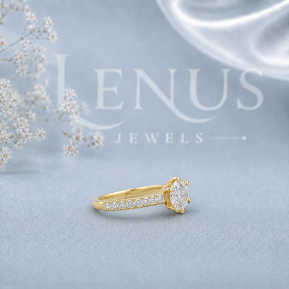 Yellow Gold Round Moissanite Engagement Ring – Double-Row Pavé Solitaire in 925 Sterling Silver