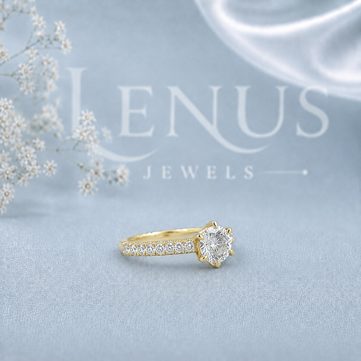Yellow Gold Round Moissanite Engagement Ring – Double-Row Pavé Solitaire in 925 Sterling Silver