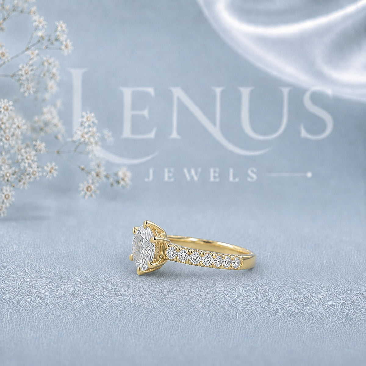 Yellow Gold Round Moissanite Engagement Ring – Double-Row Pavé Solitaire in 925 Sterling Silver