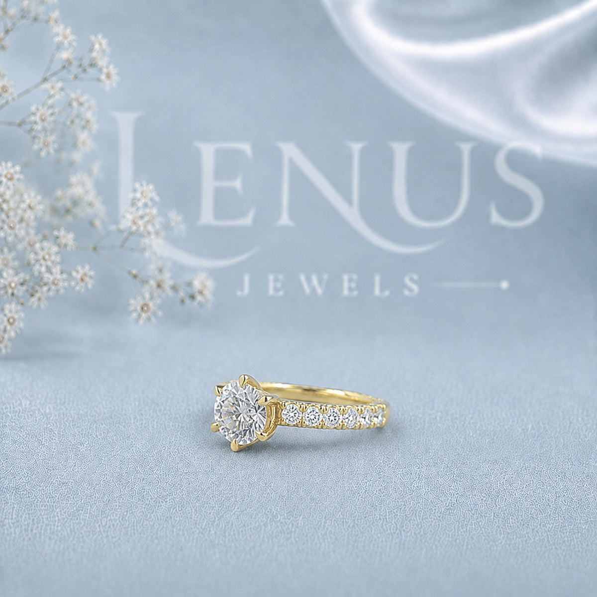 Yellow Gold Round Moissanite Engagement Ring – Double-Row Pavé Solitaire in 925 Sterling Silver