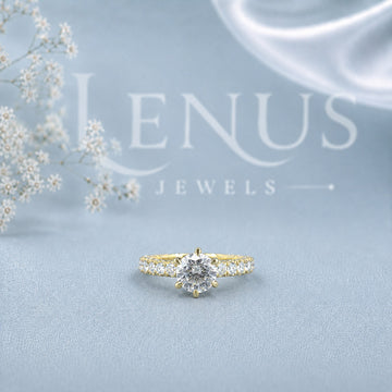 Yellow Gold Round Moissanite Engagement Ring – Double-Row Pavé Solitaire in 925 Sterling Silver