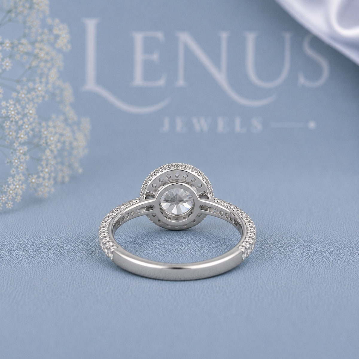 Round Moissanite Halo Engagement Ring – Pavé 925 Sterling Silver Bridal Ring