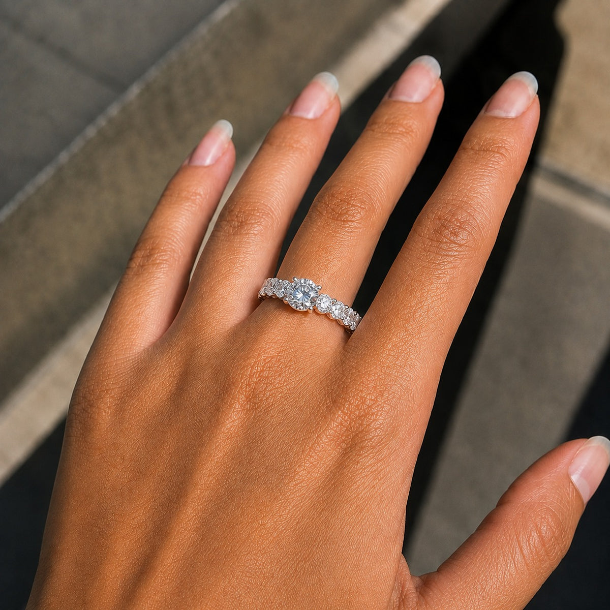 Round Moissanite Engagement Ring – Graduated Side-Stone Bridal Ring in 925 Sterling Silver