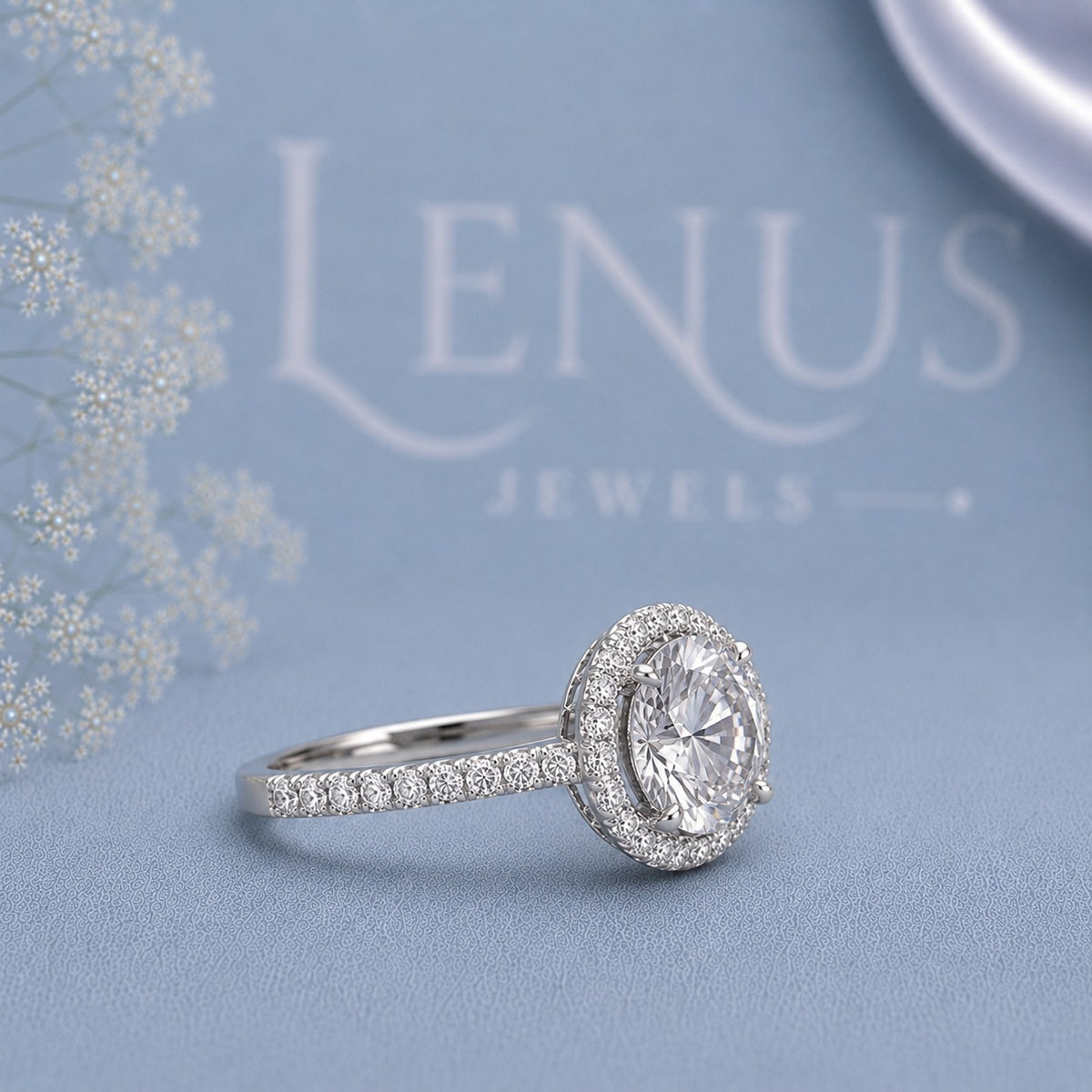 Round Moissanite Halo Engagement Ring – Pavé 925 Sterling Silver Bridal Ring