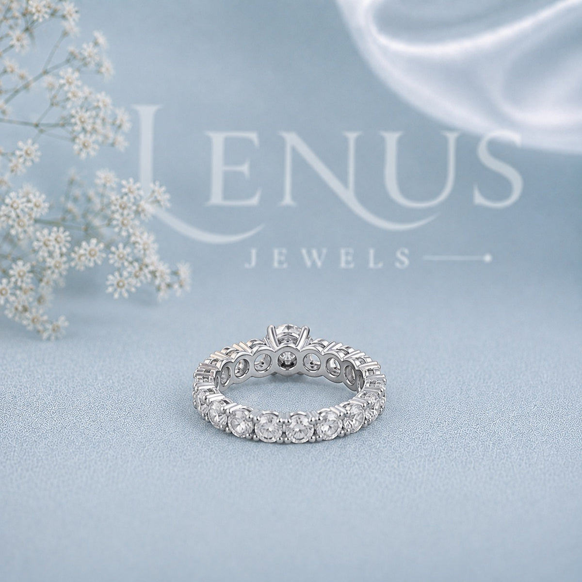 Round Moissanite Engagement Ring – Graduated Side-Stone Bridal Ring in 925 Sterling Silver