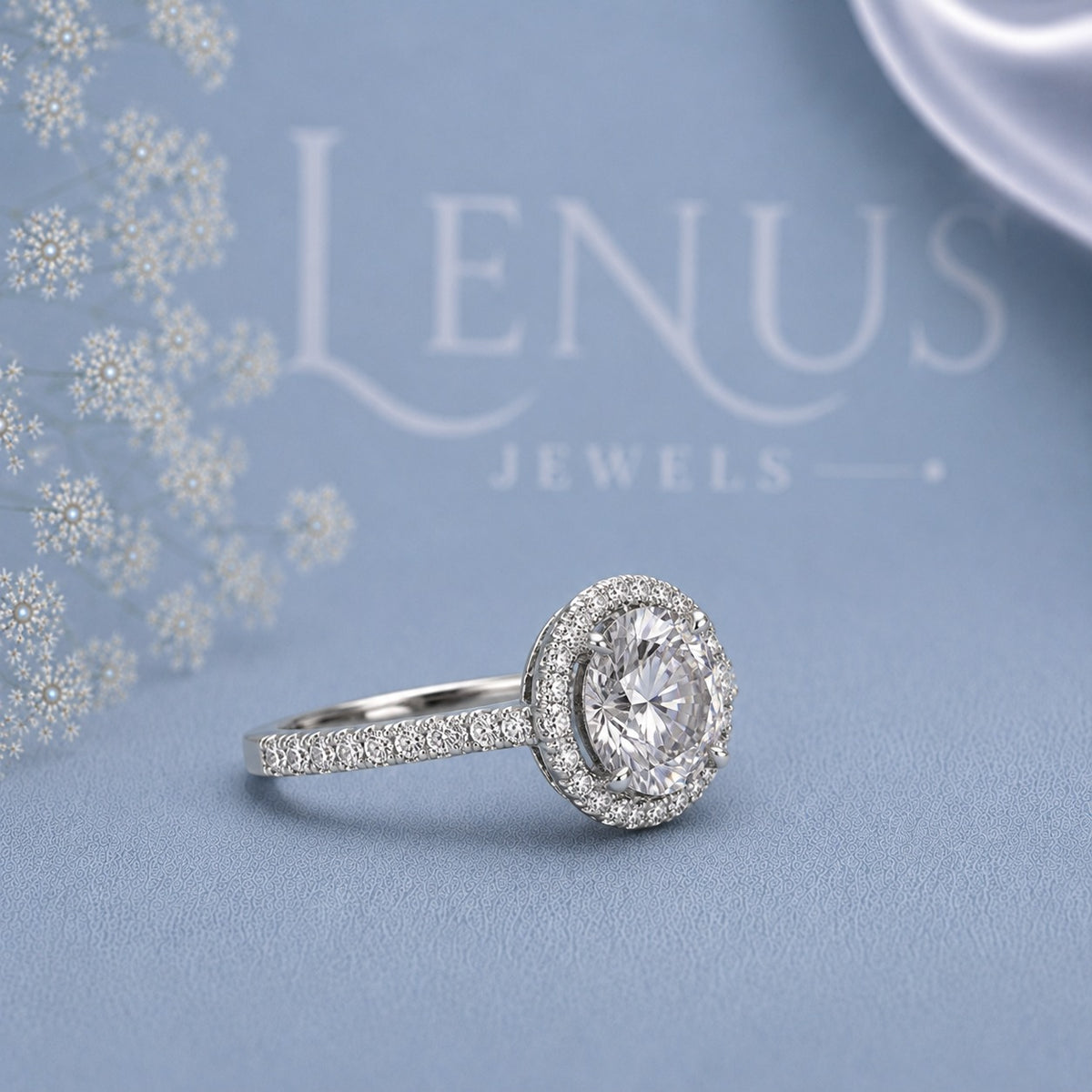 Round Moissanite Halo Engagement Ring – Pavé 925 Sterling Silver Bridal Ring