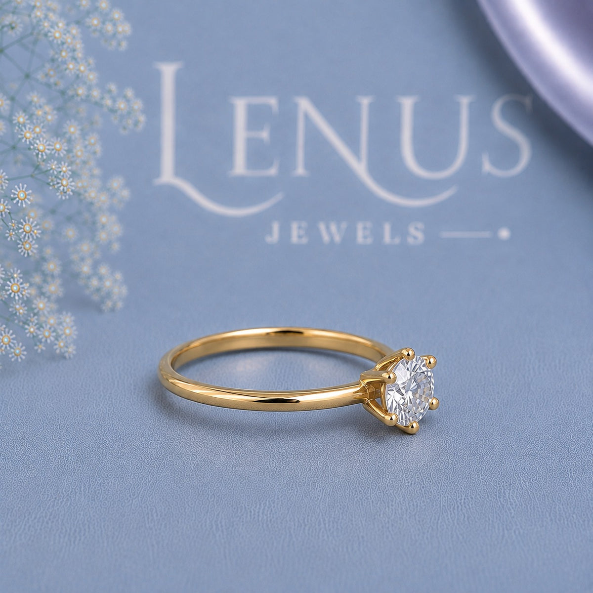 Round Moissanite Solitaire Engagement Ring – Six-Prong Yellow Gold 925 Sterling Silver Promise Ring