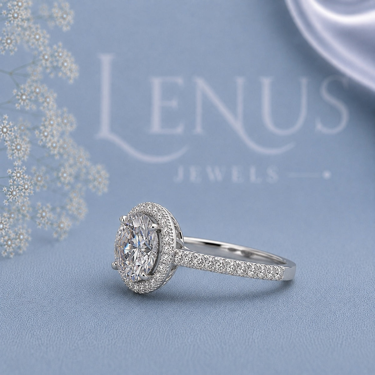 Round Moissanite Halo Engagement Ring – Pavé 925 Sterling Silver Bridal Ring