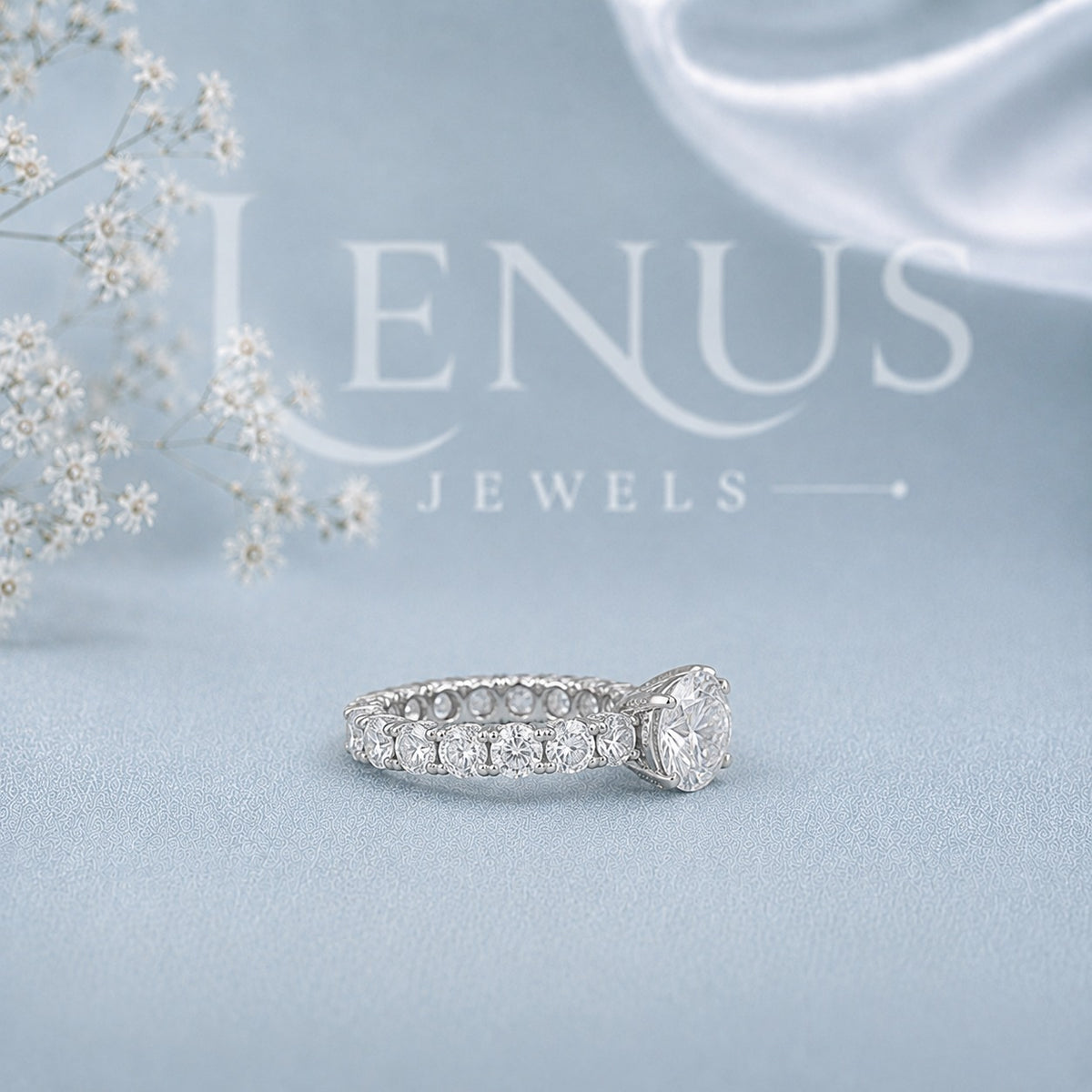 Round Moissanite Engagement Ring – Graduated Side-Stone Bridal Ring in 925 Sterling Silver