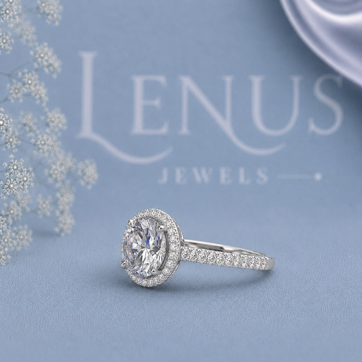 Round Moissanite Halo Engagement Ring – Pavé 925 Sterling Silver Bridal Ring