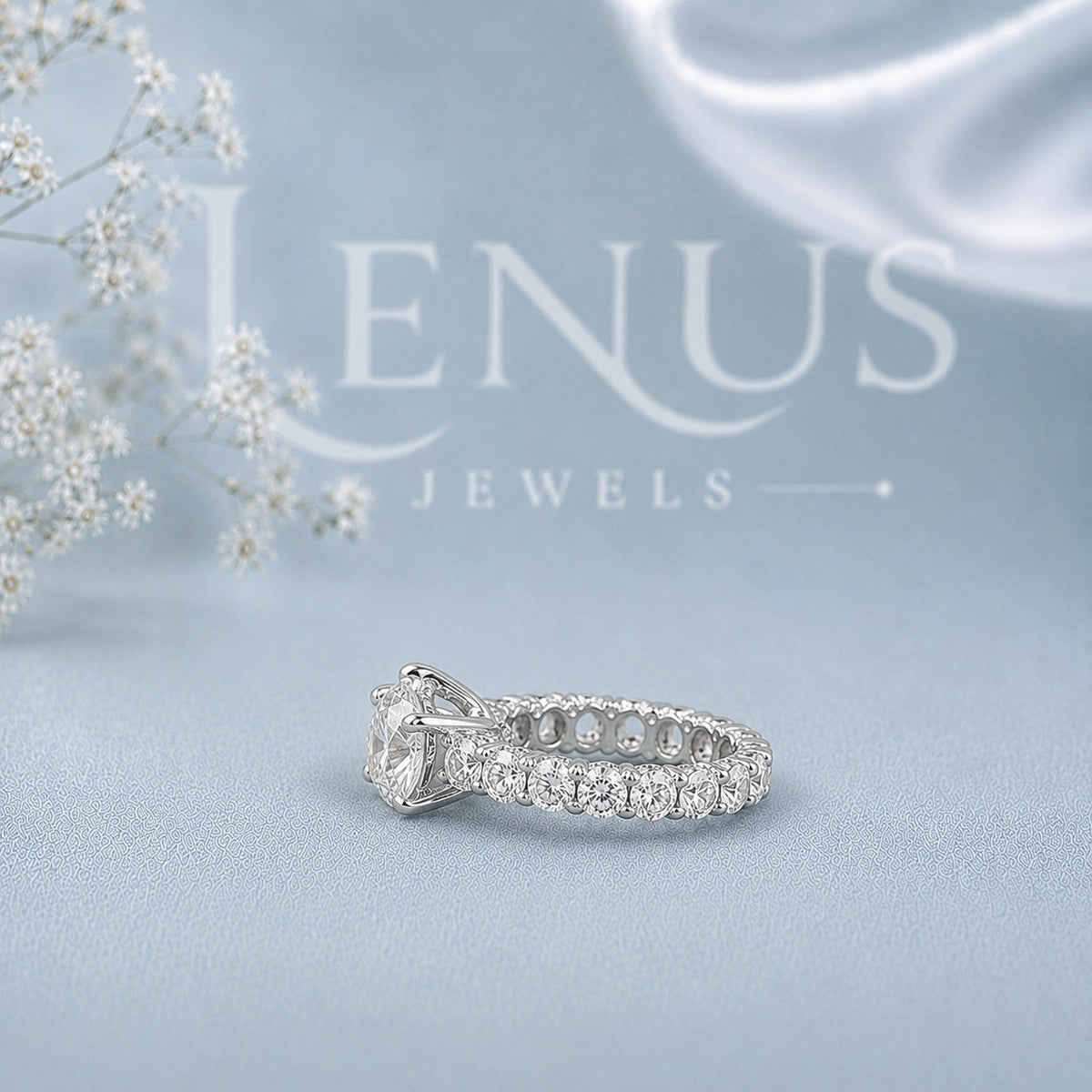 Round Moissanite Engagement Ring – Graduated Side-Stone Bridal Ring in 925 Sterling Silver