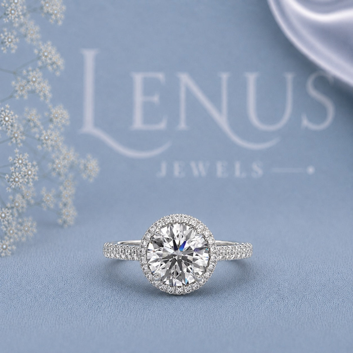Round Moissanite Halo Engagement Ring – Pavé 925 Sterling Silver Bridal Ring