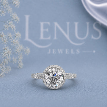 Round Moissanite Halo Engagement Ring – Pavé 925 Sterling Silver Bridal Ring