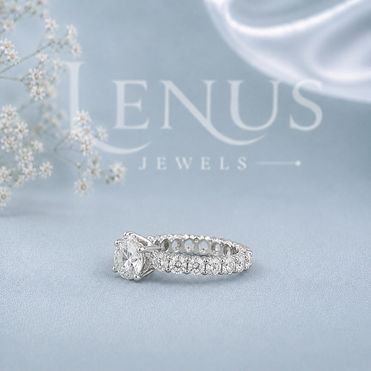 Round Moissanite Engagement Ring – Graduated Side-Stone Bridal Ring in 925 Sterling Silver