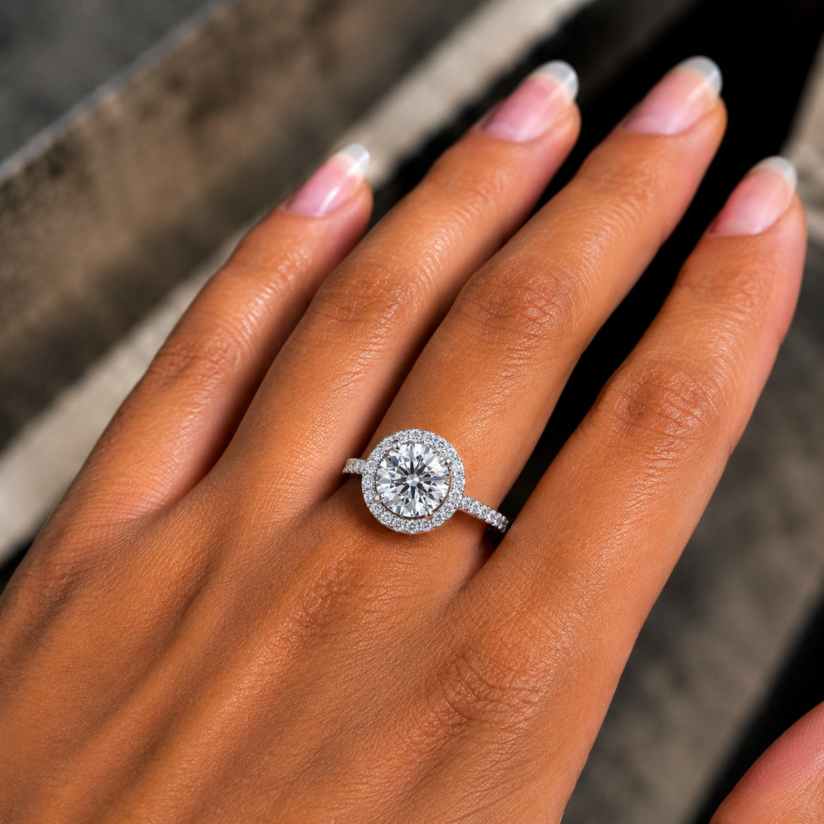 Round Moissanite Halo Engagement Ring – Pavé 925 Sterling Silver Bridal Ring