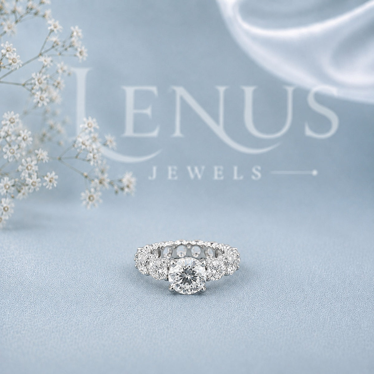 Round Moissanite Engagement Ring – Graduated Side-Stone Bridal Ring in 925 Sterling Silver