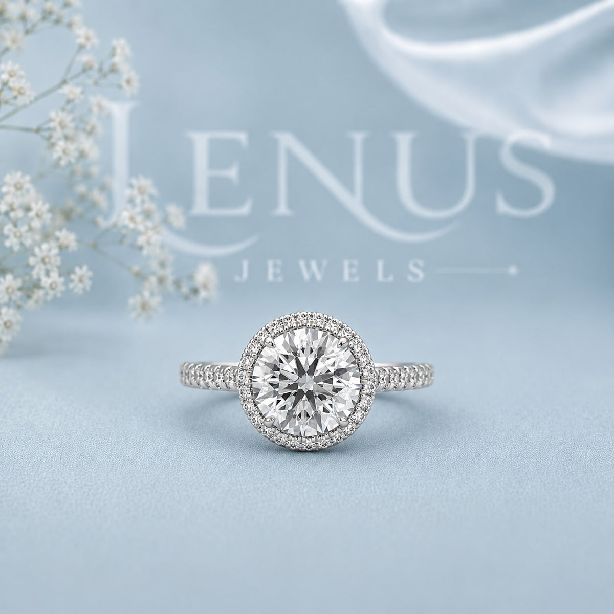 Round Halo Moissanite Engagement Ring – Pavé Band 925 Sterling Silver