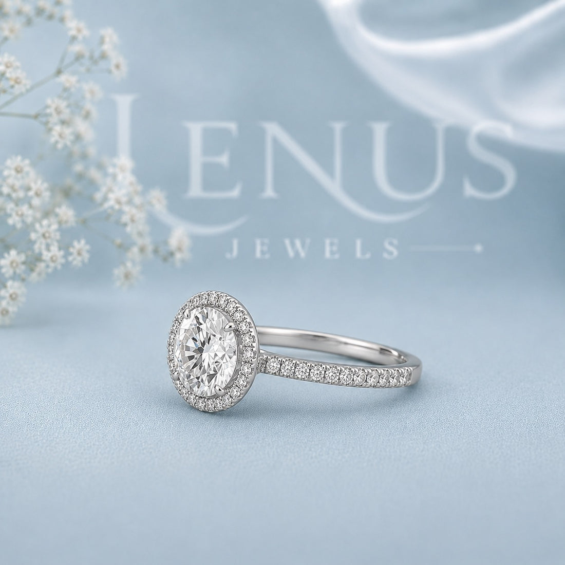 Round Halo Moissanite Engagement Ring – Pavé Band 925 Sterling Silver