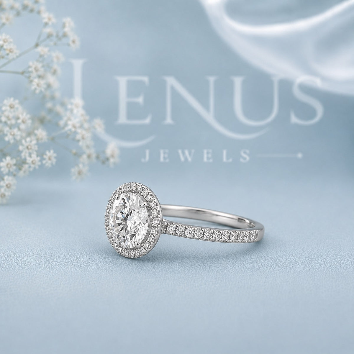 Round Halo Moissanite Engagement Ring – Pavé Band 925 Sterling Silver