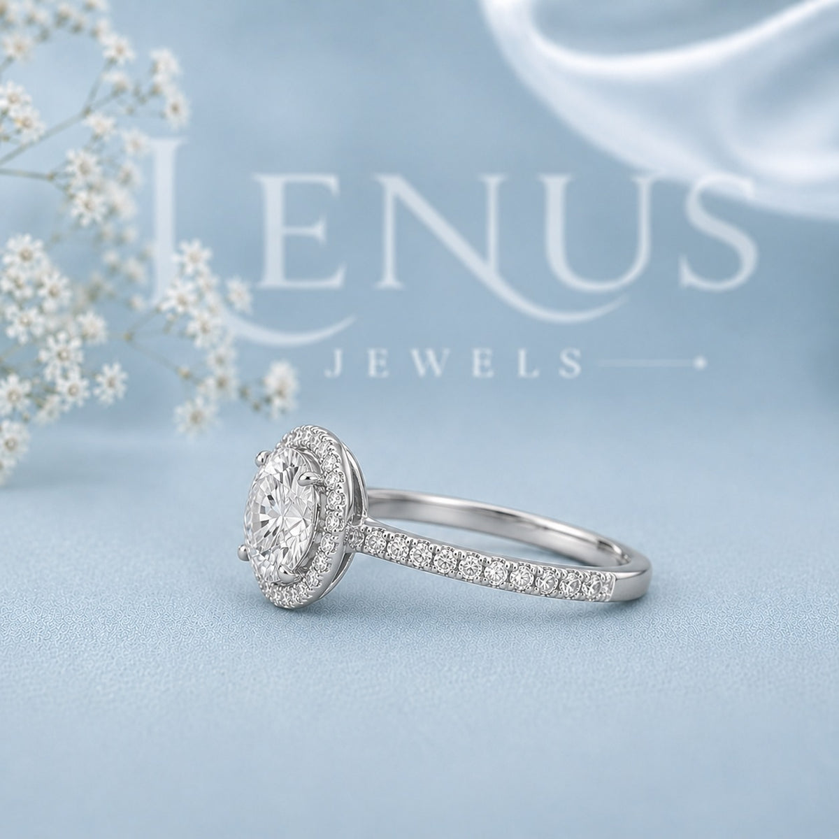 Round Halo Moissanite Engagement Ring – Pavé Band 925 Sterling Silver