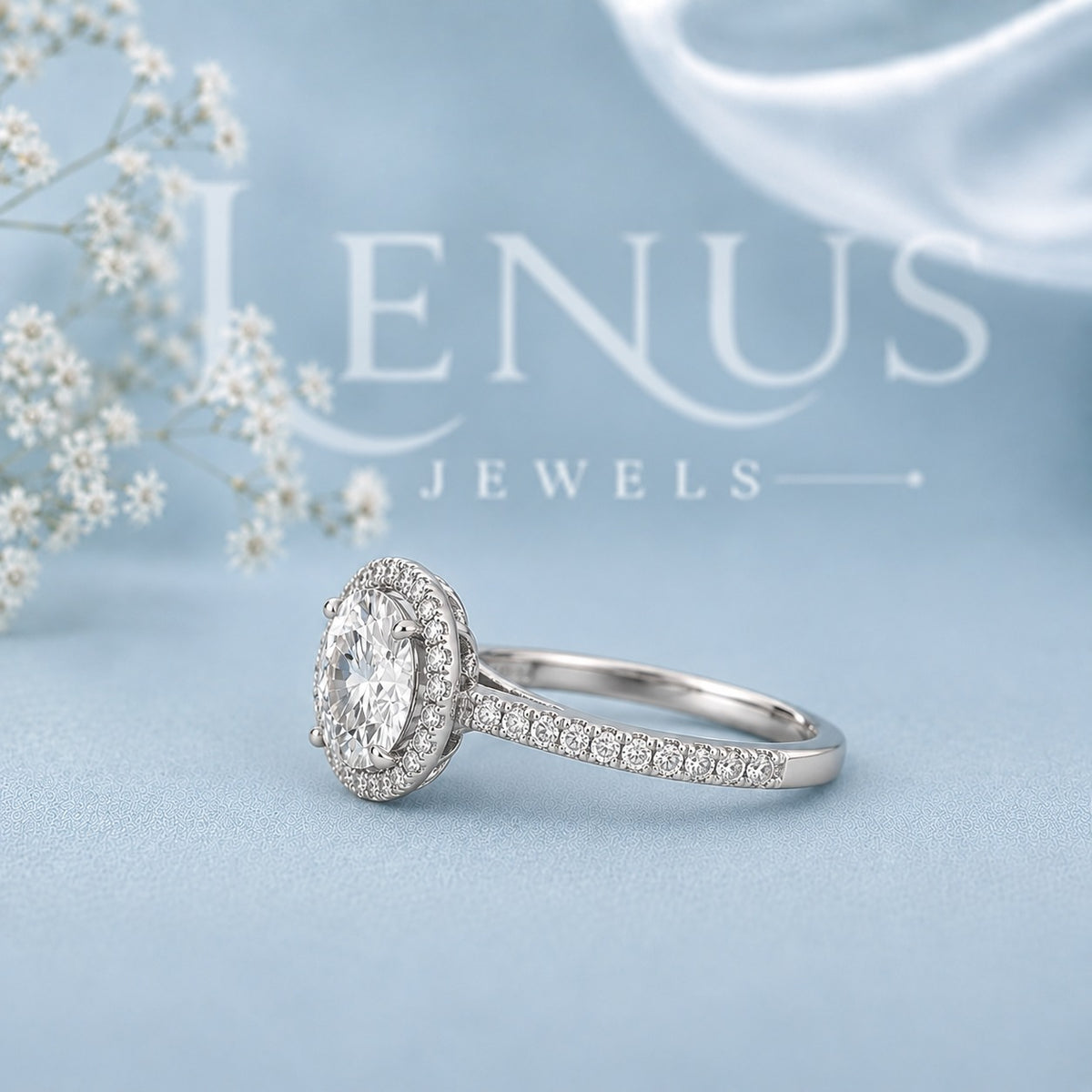 Round Halo Moissanite Engagement Ring – Pavé Band 925 Sterling Silver
