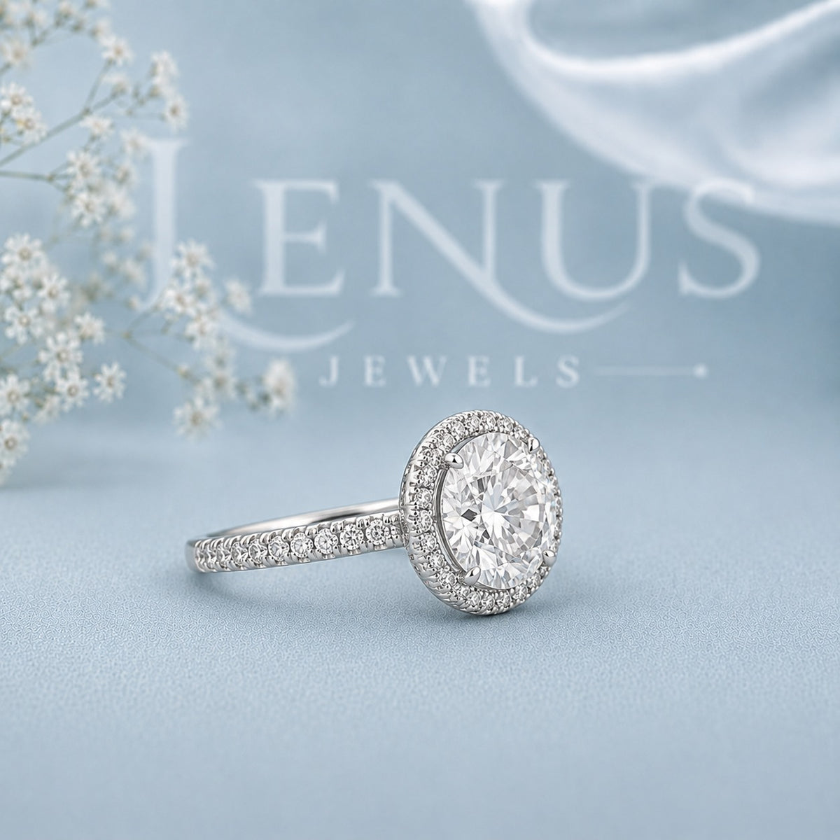 Round Halo Moissanite Engagement Ring – Pavé Band 925 Sterling Silver