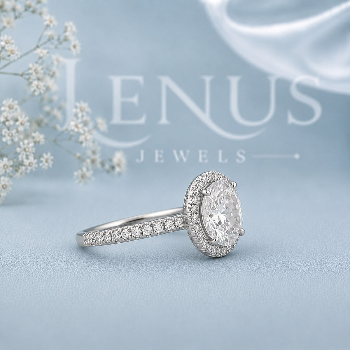 Round Halo Moissanite Engagement Ring – Pavé Band 925 Sterling Silver
