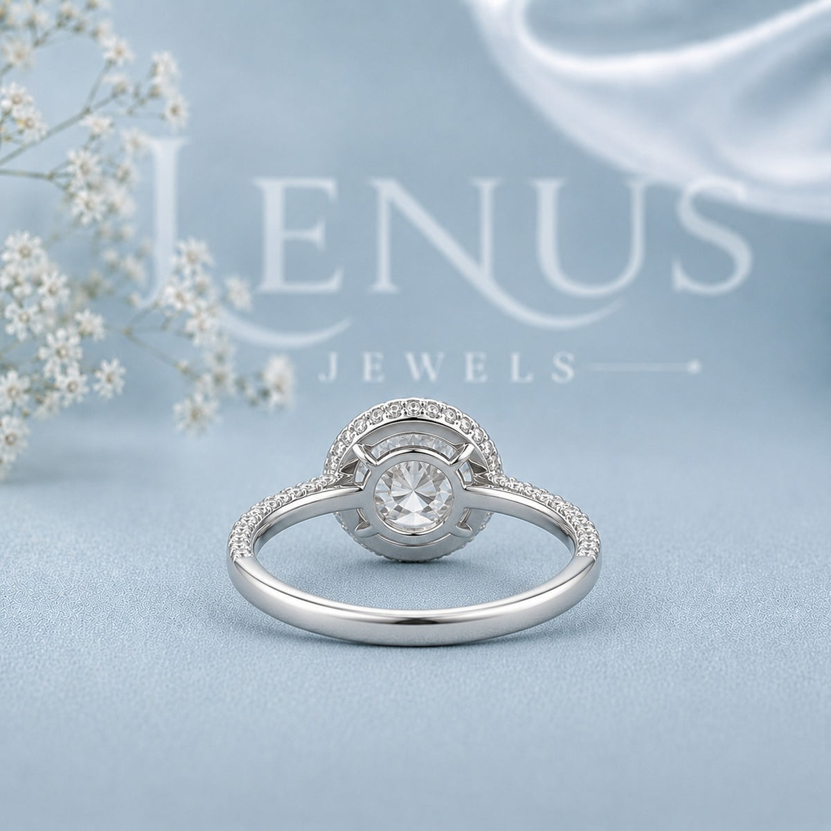 Round Halo Moissanite Engagement Ring – Pavé Band 925 Sterling Silver