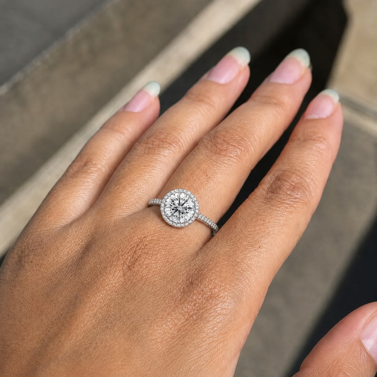 Round Halo Moissanite Engagement Ring – Pavé Band 925 Sterling Silver