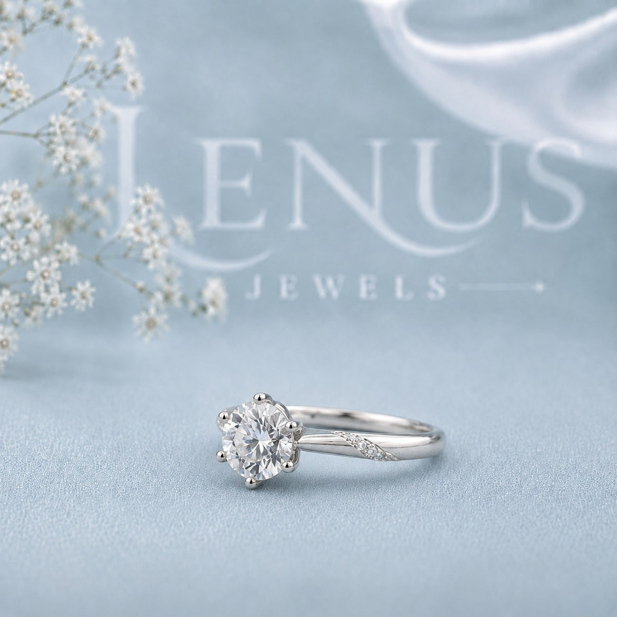 Round Moissanite Solitaire Ring – 6-Prong Vintage Engraved Band