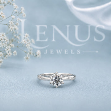 Round Moissanite Solitaire Ring – 6-Prong Vintage Engraved Band