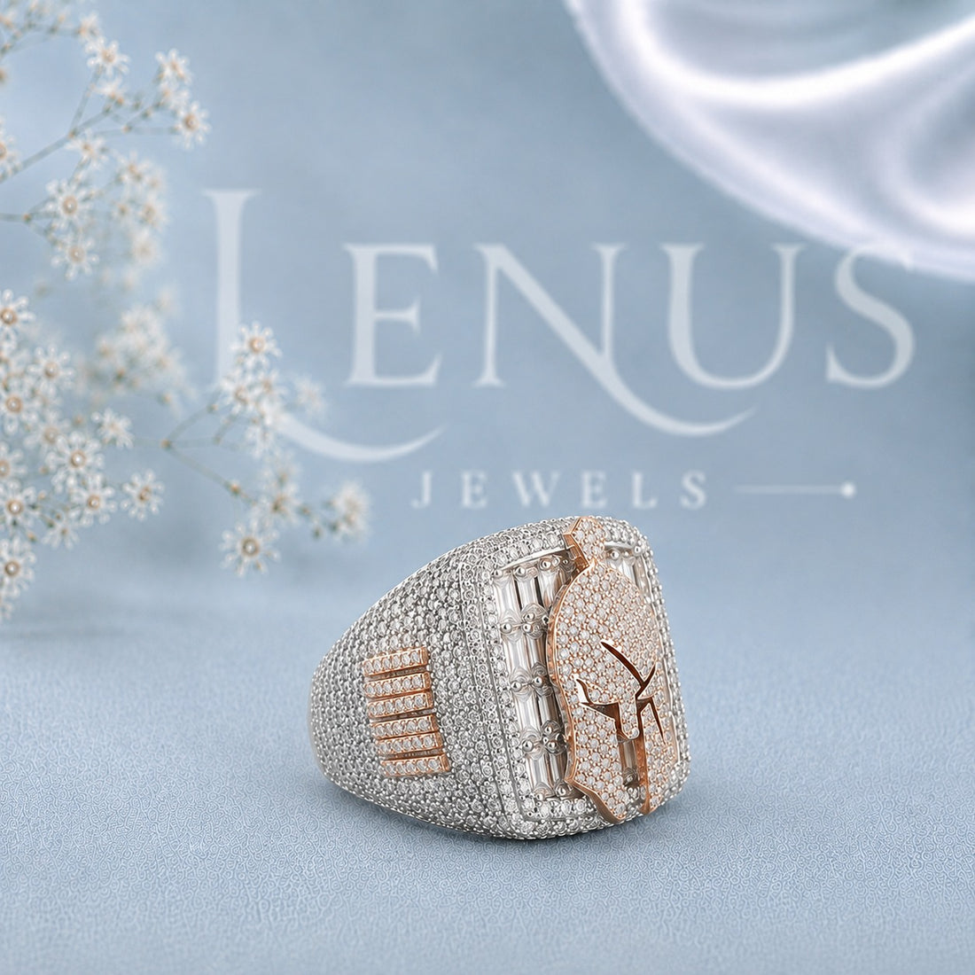 Men’s Spartan Helmet Moissanite Ring – Iced-Out Two-Tone Warrior Signet Ring in 925 Sterling Silver