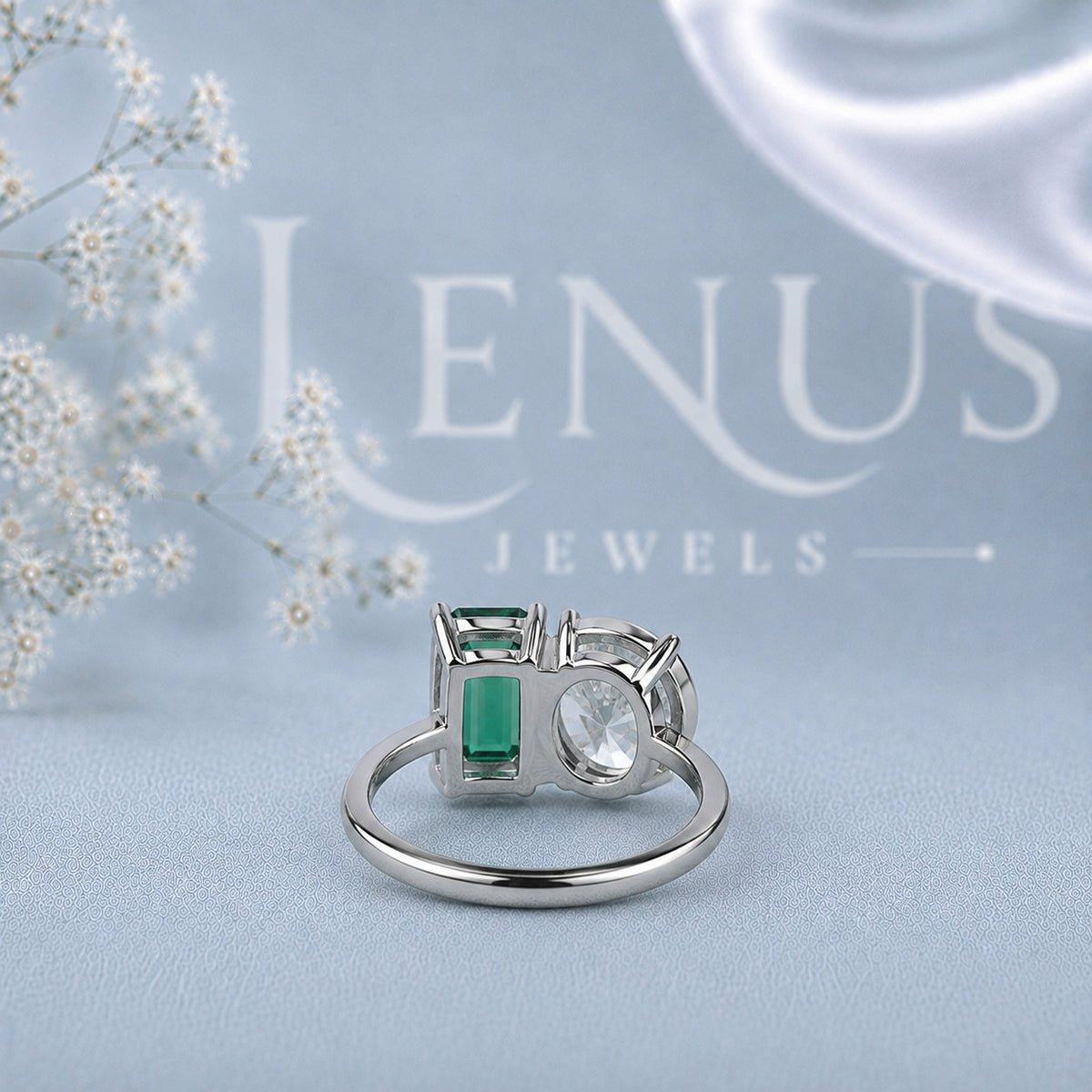 Green Emerald-Cut and Pear Moissanite Toi et Moi Ring – Two-Stone Engagement Ring in 925 Sterling Silver