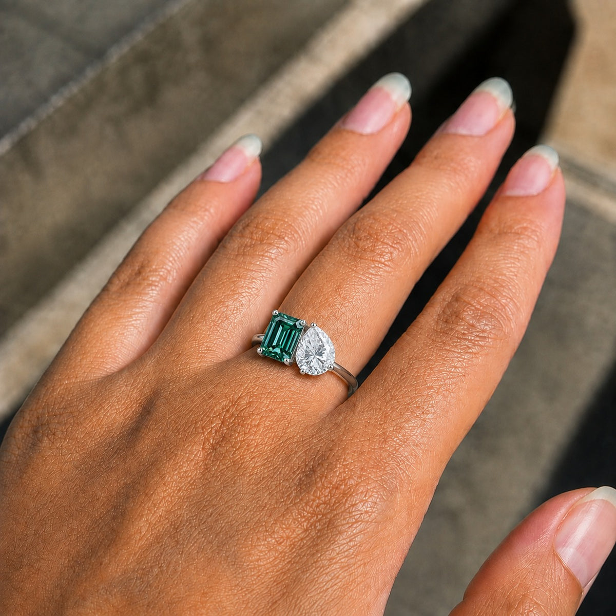 Green Emerald-Cut and Pear Moissanite Toi et Moi Ring – Two-Stone Engagement Ring in 925 Sterling Silver