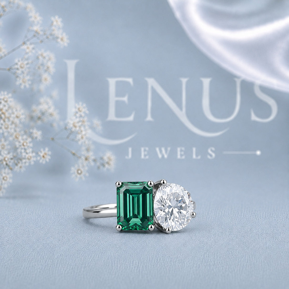 Green Emerald-Cut and Pear Moissanite Toi et Moi Ring – Two-Stone Engagement Ring in 925 Sterling Silver